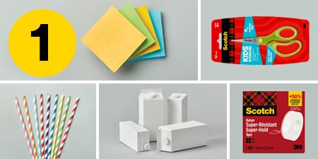 Stap 1 - benodigdheden die je nodig hebt: Post-it® Notes, Scotch™ kinderschaar, Scotch® Super-Hold Tape, melkpakken en papieren rietjes

