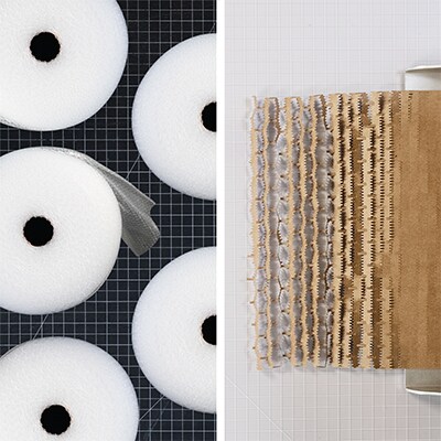 Links een afbeelding met rollen noppenfolie en rechts een rol 3M Scotch™ Cushion Lock™.