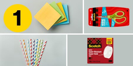 Stap 1 - benodigdheden die je nodig hebt: Post-it® Notes, Scotch™ kinderschaar, Scotch® Super-Hold Tape en papieren rietjes
