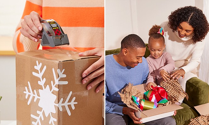 Een vakantiepakket verzegelen met Scotch® Box Lock™ Tape aan de linkerkant en een scène die de uitpakervaring weergeeft aan de rechterkant van de afbeelding
