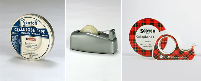 Afbeeldingen van de Scotch® Transparante tape en Scotch® Tapedispensers van vroeger
