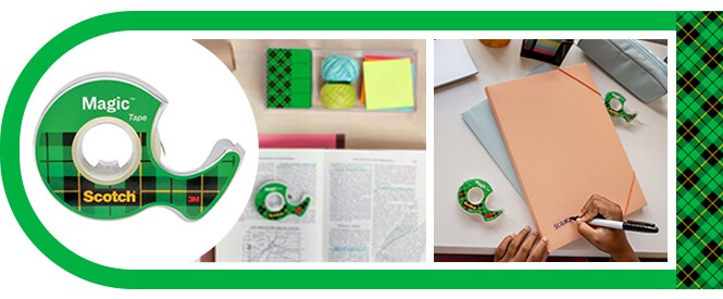 Scotch® Magic™ Tape en gebruiksvoorbeelden - gescheurde boekpagina reparatie en labelcreatie
